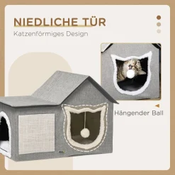 PawHut Katzenhöhle, Katzenhaus Mit Kratzfläche, Katzenhütte Mit Doppeltüren, Kuschelhöhle Mit Kissen, Katzenbett Mit Spielball, Polyester, Grau, 65 X 41 X 45,5 Cm -Garten- & Gewächshäuser Geschäft 6df74066bb56f6d608834e6237651cc6