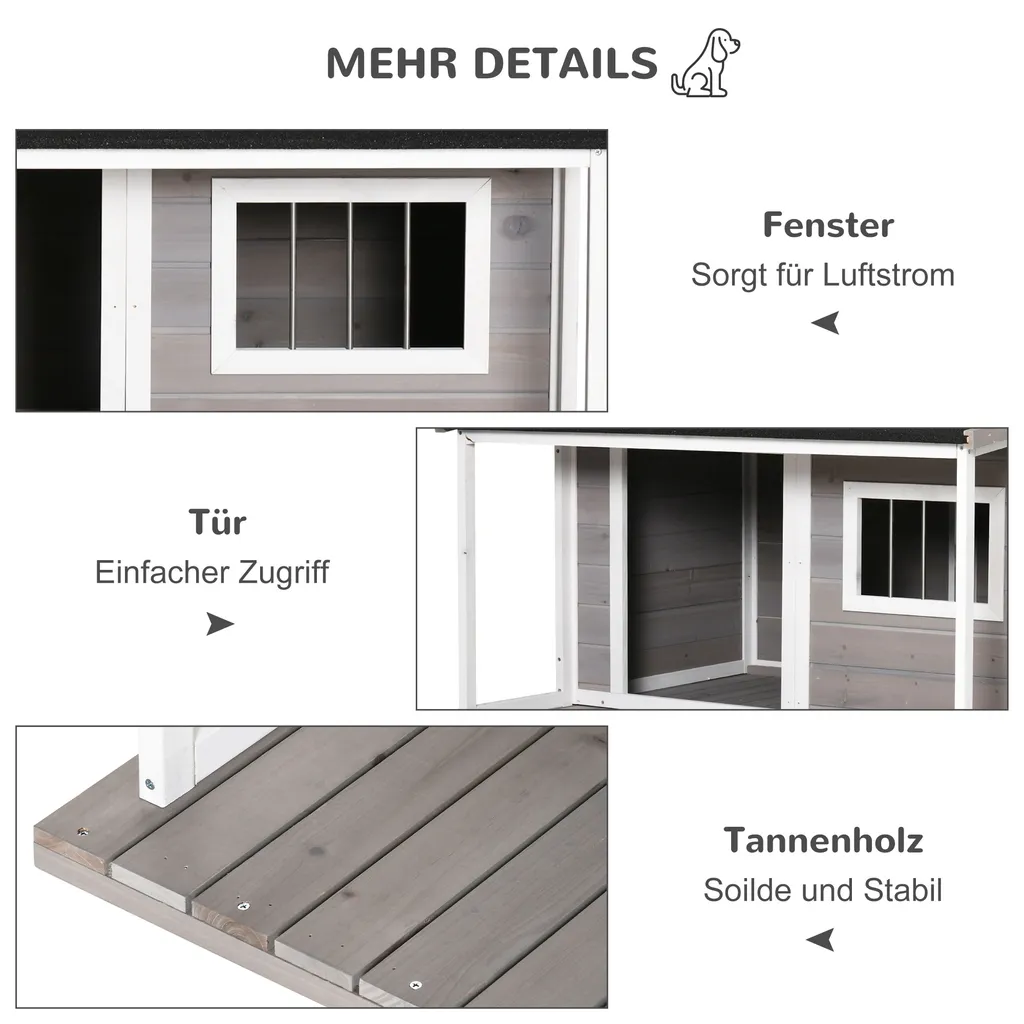 PawHut Hundehütte Aus Massivholz Kleintierhaus Isoliertes Hundehaus Mit Terrasse Asphaltdach Outdoor Wetterfeste Hütte Für Draußen Grau 127 X 112 X 109 Cm 6 PawHut Hundehütte Aus Massivholz Kleintierhaus Isoliertes Hundehaus Mit Terrasse Asphaltdach Outdoor Wetterfeste Hütte Für Draußen Grau 127 X 112 X 109 Cm – Bild 6