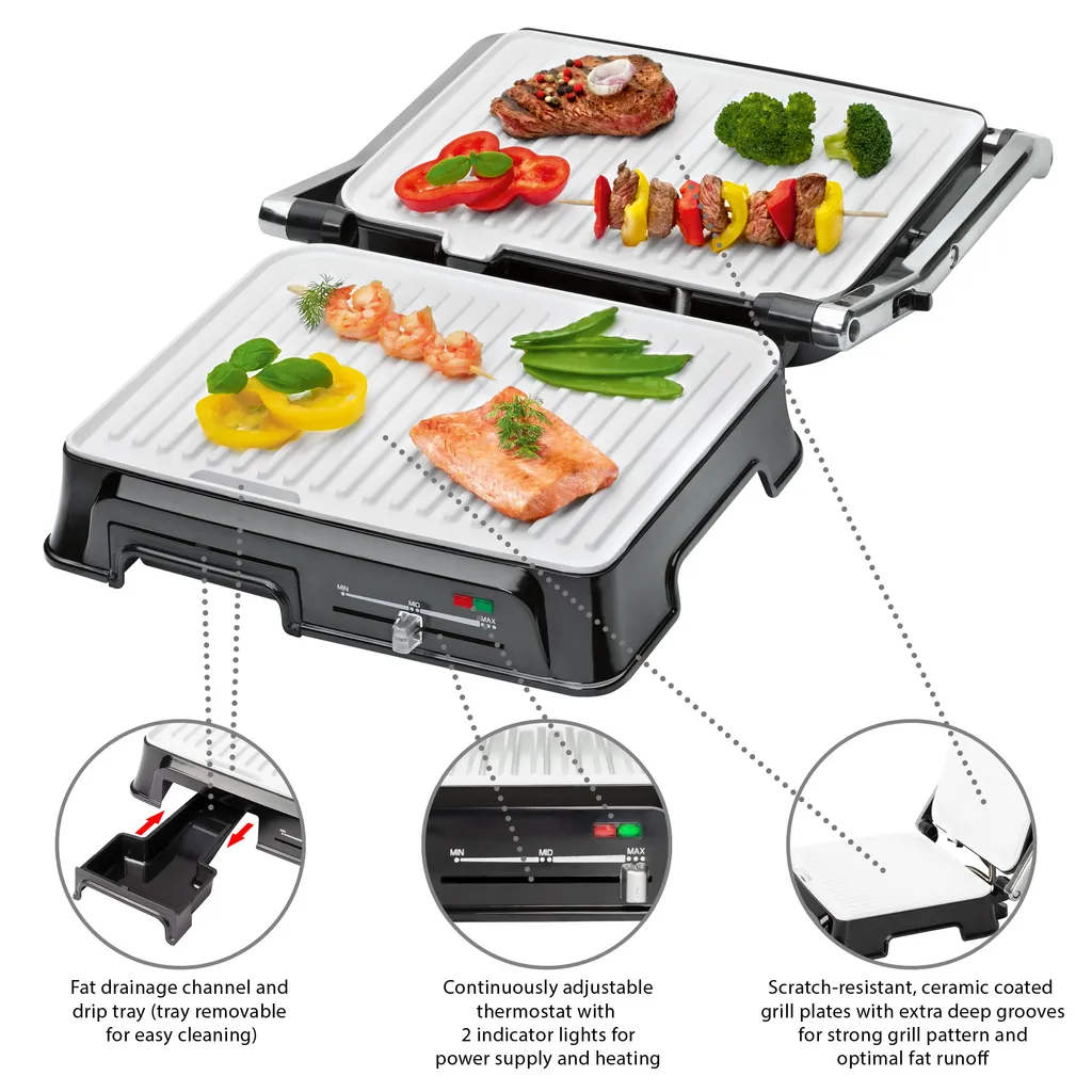 Clatronic KG 3571 Elektrischer Kontaktgrill, Multigrill, Für Beidseitiges & Fettfreies Grillen, Antihaftbeschichtete Platten, Kabelaufwicklung, 2000 Watt, Edelstahl 4 Clatronic KG 3571 Elektrischer Kontaktgrill, Multigrill, Für Beidseitiges & Fettfreies Grillen, Antihaftbeschichtete Platten, Kabelaufwicklung, 2000 Watt, Edelstahl – Bild 4