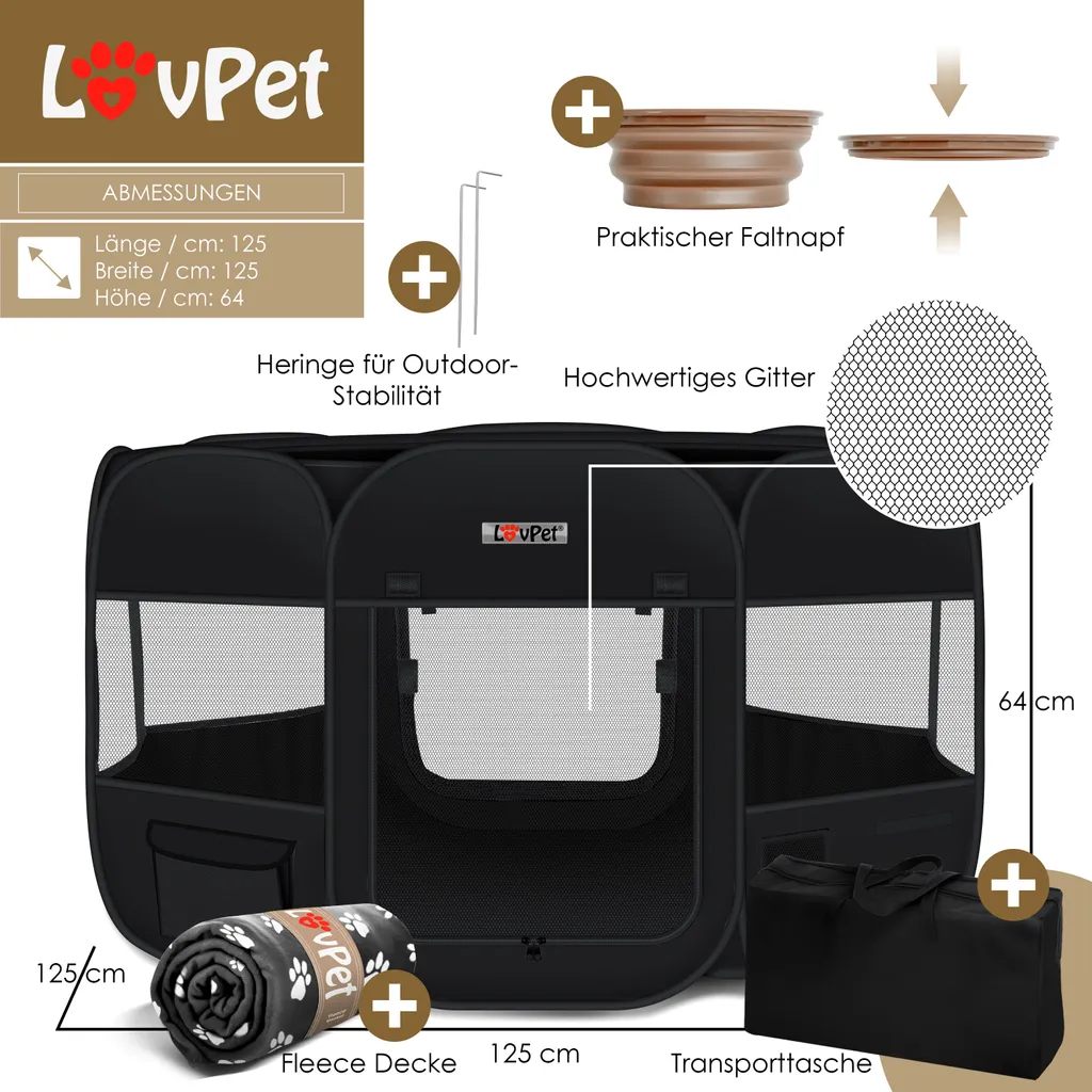LOVPET® Welpenlaufstall Tierlaufstall Faltbar Für Kleintiere Hunde, Katzen Inkl. Hundenapf Hundelaufstall Freigehege Oxfordgewebe Pop-up System Indoor & Outdoor, Farbe:Schwarz 9 LOVPET® Welpenlaufstall Tierlaufstall Faltbar Für Kleintiere Hunde, Katzen Inkl. Hundenapf Hundelaufstall Freigehege Oxfordgewebe Pop-up System Indoor & Outdoor, Farbe:Schwarz – Bild 9