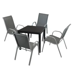 Multistore 2002 5tlg Gartengarnitur Kunststofftisch 79x79cm + 4x Stapelstuhl Textilenbespannung Silber/Anthrazit