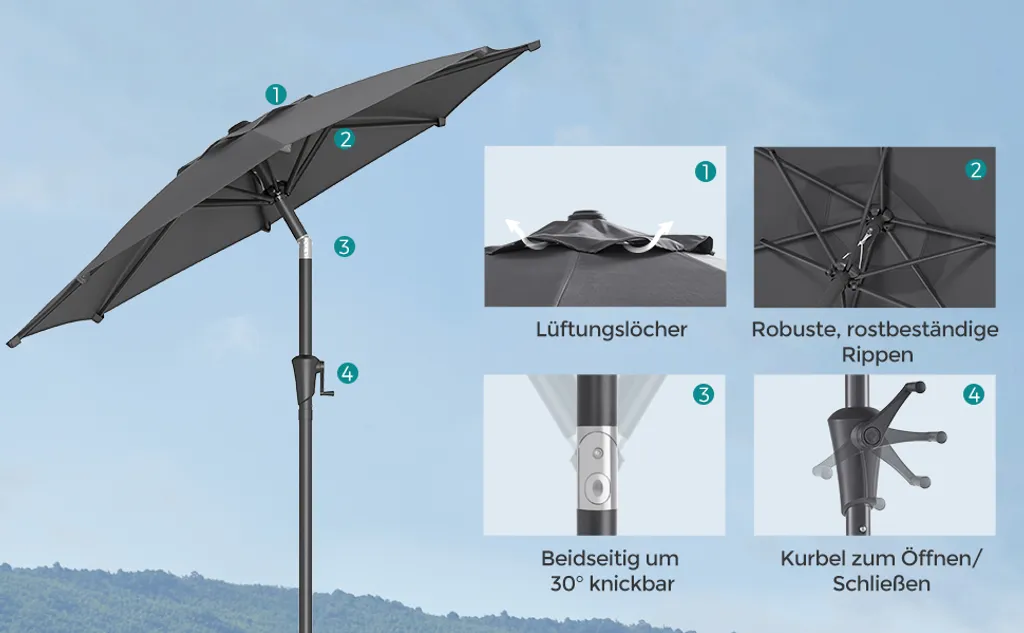 SONGMICS Sonnenschirm 210 Cm, UPF 50+, Beidseitig Um 30° Knickbar, Sonnenschutz, Mit Kurbel Zum Öffnen/Schließen, Grau GPU202G01 8 SONGMICS Sonnenschirm 210 Cm, UPF 50+, Beidseitig Um 30° Knickbar, Sonnenschutz, Mit Kurbel Zum Öffnen/Schließen, Grau GPU202G01 – Bild 8