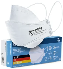 West & East GmbH Björn&Schiller FFP2 Masken Einzeln Verpackt, 20 Stück, Germany, Atemschutzmaske Weiß 3-lagig CE 2233 , Schutzmasken Medizinisch, Atmungsaktive Einwegmaske, Mundschutz & Nasenschutz