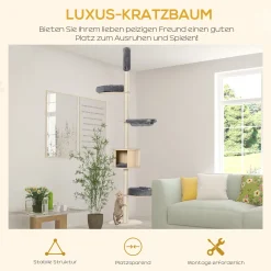 PawHut Kratzbaum Katzenbaum Deckenhoch Kletterbaum Mit Holz Katzenhöhle Sisal Plüsch Höhenverstellbar Grau 50 X 50 X 232-252 Cm -Garten- & Gewächshäuser Geschäft 71266560577da97470c484474dad1b2c
