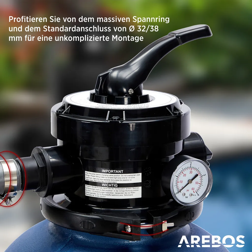 AREBOS Sandfilteranlage Mit Pumpe | 400W | 10.200 L/h | Tankvolumen Bis Zu 20 Kg Sand | 7 - Wege Ventil Mit Griff | Mit Druckmanometer | Inkl. 1400g Filterbälle | Inkl. 2m Schlauch | Blau 3 AREBOS Sandfilteranlage Mit Pumpe | 400W | 10.200 L/h | Tankvolumen Bis Zu 20 Kg Sand | 7 - Wege Ventil Mit Griff | Mit Druckmanometer | Inkl. 1400g Filterbälle | Inkl. 2m Schlauch | Blau – Bild 3