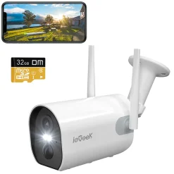 IeGeek 2K 3MP Überwachungskamera Aussen Akku Mit 32G SD-Karte, WLAN Kamera Outdoor Mit PIR Bewegungsmelder, Personen/Autoerkennung, Farbnachtsicht, 2-Wege Audio, Cloud Storage, IP65