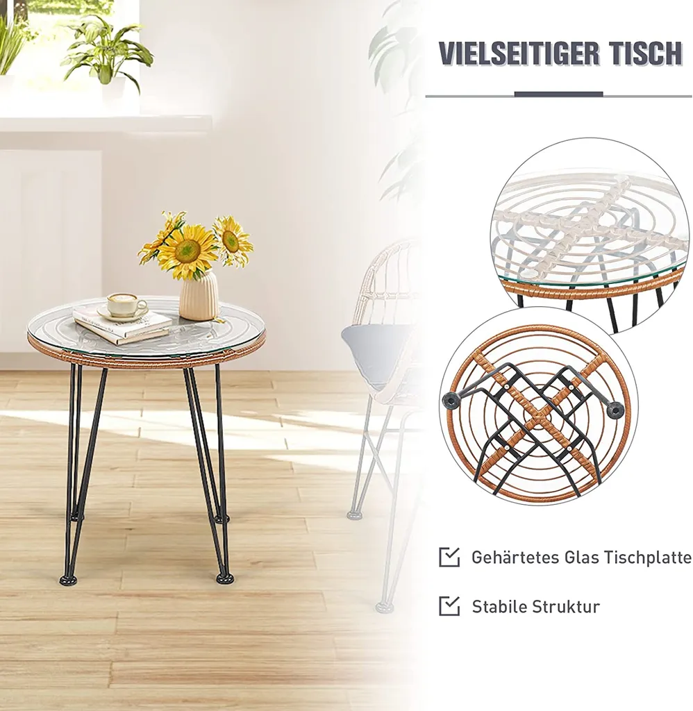 COSTWAY 3tlg. Balkonset Aus Rattan, Sitzgruppe 2 Rattanstühle Bis 180kg Belastbar, Hartglas Beistelltisch, Sitzkissen, Gartensofa, Sitzgruppe 3 COSTWAY 3tlg. Balkonset Aus Rattan, Sitzgruppe 2 Rattanstühle Bis 180kg Belastbar, Hartglas Beistelltisch, Sitzkissen, Gartensofa, Sitzgruppe – Bild 3