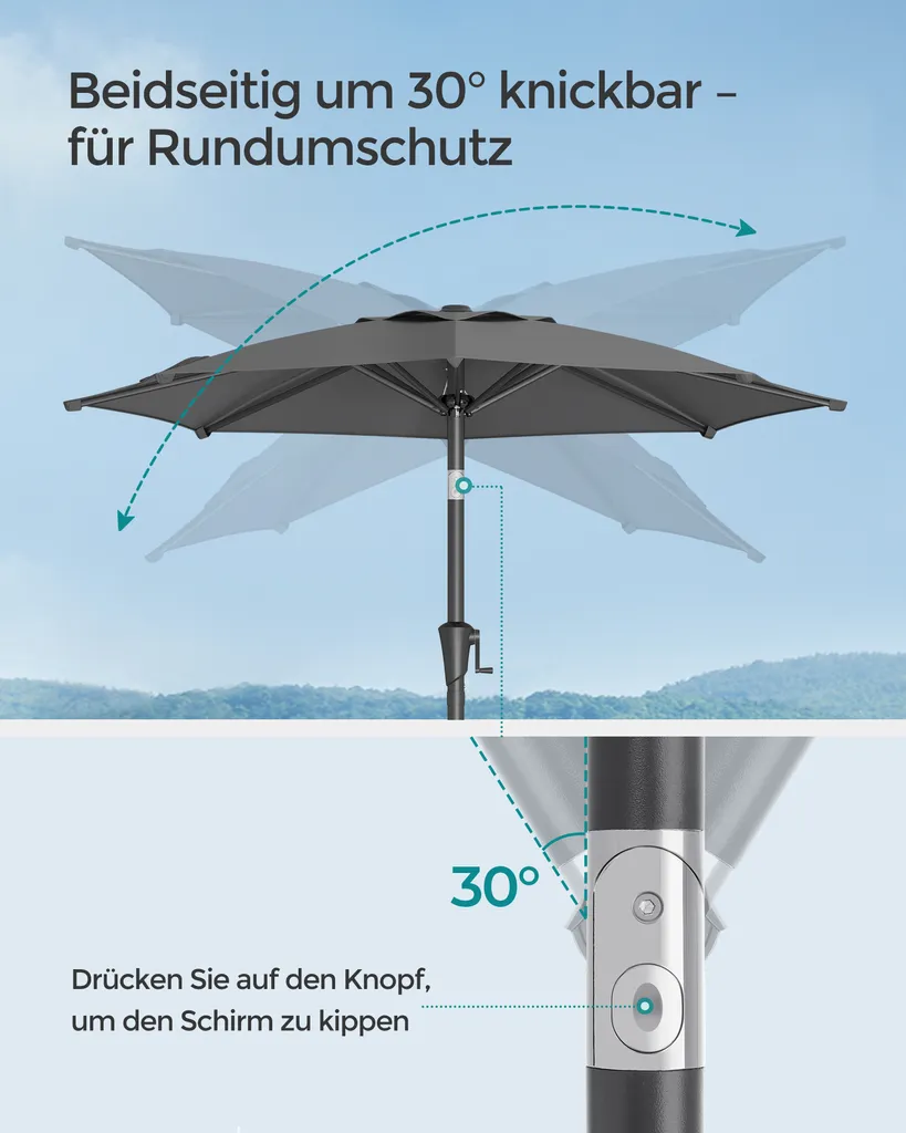 SONGMICS Sonnenschirm 210 Cm, UPF 50+, Beidseitig Um 30° Knickbar, Sonnenschutz, Mit Kurbel Zum Öffnen/Schließen, Grau GPU202G01 4 SONGMICS Sonnenschirm 210 Cm, UPF 50+, Beidseitig Um 30° Knickbar, Sonnenschutz, Mit Kurbel Zum Öffnen/Schließen, Grau GPU202G01 – Bild 4