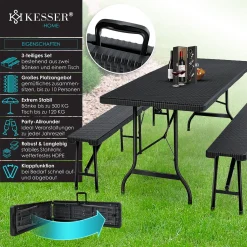 KESSER® Bierzeltgarnitur - 3-teilig Set, Tisch + 2 X Bank, Für Drinnen - Draußen, Klappbar, Tragegriffe, HxBxT: 73x180x75 Cm , Kunststoff, Rattan-Look Gartengarnitur , Klapptisch , Gartentisch, Farbe:Schwarz -Garten- & Gewächshäuser Geschäft 75ea2b6bfc28163074a72db7b0a224d4