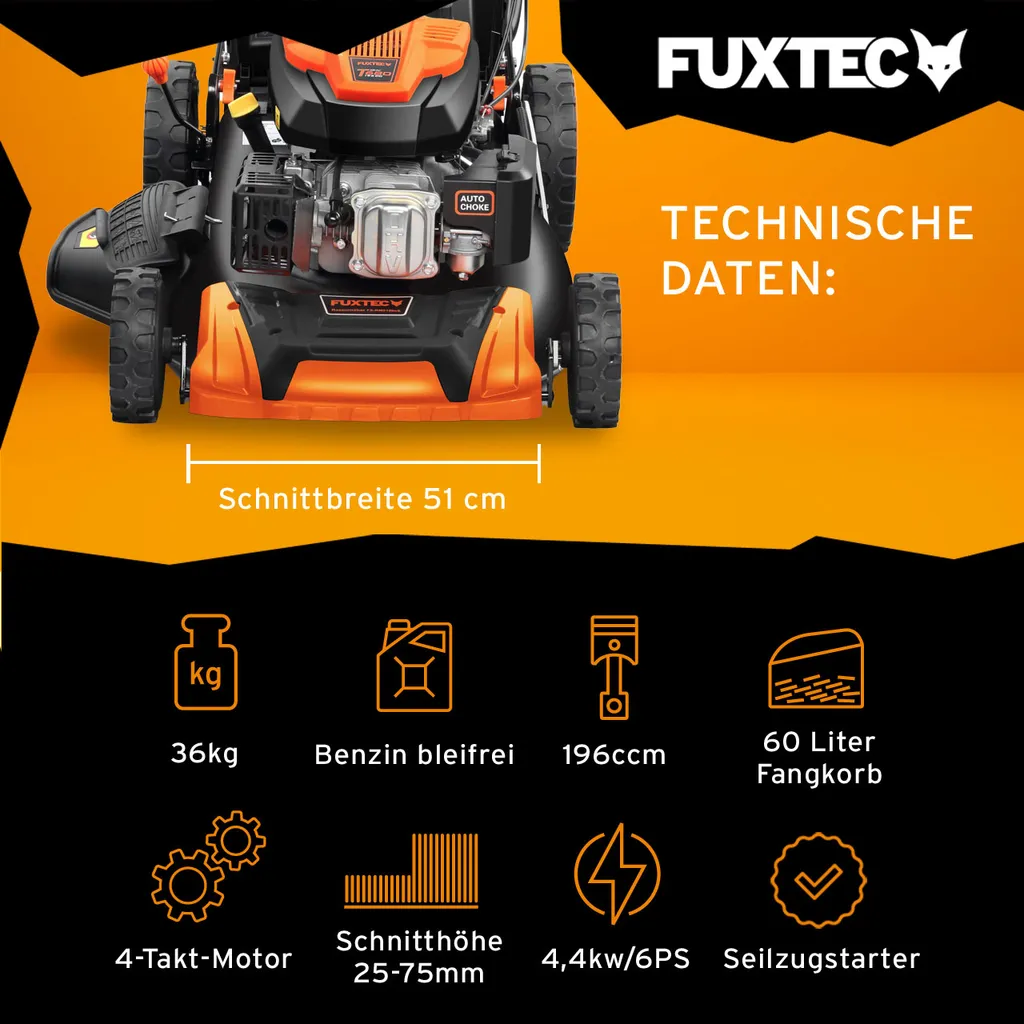 FUXTEC Benzin Rasenmäher FX-RM5196PRO 51cm Schnittbreite Mäher 6PS Benzinmäher 2 FUXTEC Benzin Rasenmäher FX-RM5196PRO 51cm Schnittbreite Mäher 6PS Benzinmäher – Bild 2