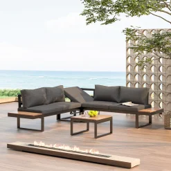 Merax Gartenmöbelset Holz Ecklounge Mit Kissen Und Stahlrahmen, Gartenmöbel Set Loungegruppe Balkonmöbel Set Loungeset, Schwarz