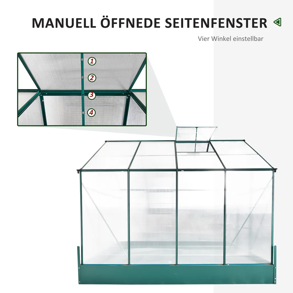 Outsunny Gewächshaus Für Den Garten, Vielseitig Nutzbar Als Treibhaus, Tomatenhaus, Frühbeet Und Pflanzenhaus, 4 Mm PC Sonnenschutzplatte, Aluminium, Transparent+Grün, 250x190x219 Cm 3 Outsunny Gewächshaus Für Den Garten, Vielseitig Nutzbar Als Treibhaus, Tomatenhaus, Frühbeet Und Pflanzenhaus, 4 Mm PC Sonnenschutzplatte, Aluminium, Transparent+Grün, 250x190x219 Cm – Bild 3