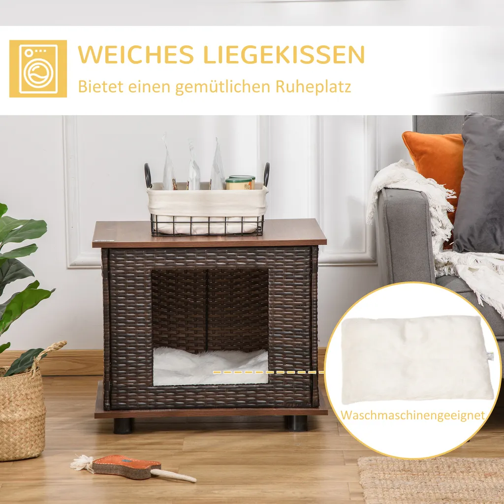 PawHut Rattan Hundehütte Hundehaus Mit Kissen Hundehöhle Hundematratze Haustierbett Für Drinnen Und Draußen Spanplatte Braun 60 X 44 X 51,5 Cm 6 PawHut Rattan Hundehütte Hundehaus Mit Kissen Hundehöhle Hundematratze Haustierbett Für Drinnen Und Draußen Spanplatte Braun 60 X 44 X 51,5 Cm – Bild 6