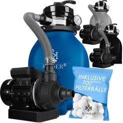 KESSER® Sandfilter Sandfilteranlage + 700g Filterbälle Ersetzen 25kg Filtersand- Poolfilter 10 M³/h Filteranlage Filterkessel Für Pool Schwimmbecken 4-Wege Ventil , Einfache Steuerung, Farbe:Blau