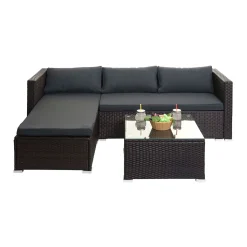 Mendler Poly-Rattan Garnitur HWC-F57, Balkon-/Garten-/Lounge-Set Sofa Sitzgruppe Braun, Kissen Dunkelgrau Ohne Deko-Kissen