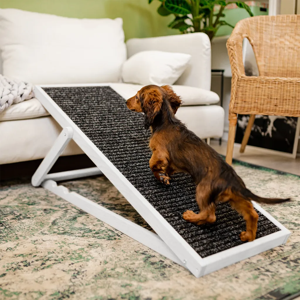 HOLTAZ Hunderampe Haustierrampe Für Bett Oder Sofa Klappbar Verstellbarer Aus Holz Mit Anti-rutsch Einsatz Für Katzen Oder Hunde Weiß 9 HOLTAZ Hunderampe Haustierrampe Für Bett Oder Sofa Klappbar Verstellbarer Aus Holz Mit Anti-rutsch Einsatz Für Katzen Oder Hunde Weiß – Bild 9