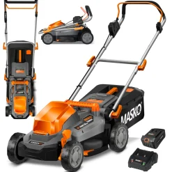 MASKO® Akku Rasenmäher ECO-X10 Inkl. Akkus Li-Ion Batterie 4 Ah & Doppel-Ladegerät – Rasentrimmer Schnittbreite, 25-75mm Schnitthöhenverstellung , Farbe:Schwarz / Orange, Größe:Schnittbreite 33cm