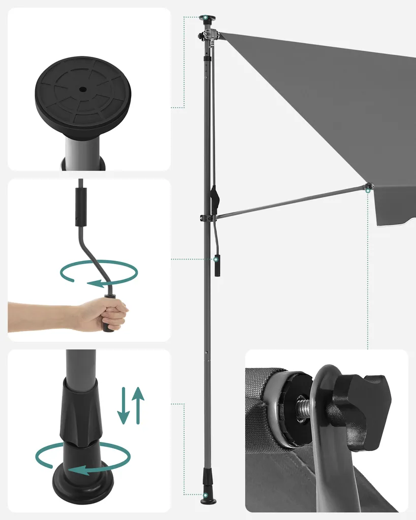 SONGMICS Balkonmarkise, 300 Cm, Alu-Klemmmarkise, 280 G/m² Polyester, Höhenverstellbar, Sonnenmarkise, Mit Handkurbel, Sonnenschutz, Für Balkon, Terrasse, Garten, Anthrazit GSA313G02 6 SONGMICS Balkonmarkise, 300 Cm, Alu-Klemmmarkise, 280 G/m² Polyester, Höhenverstellbar, Sonnenmarkise, Mit Handkurbel, Sonnenschutz, Für Balkon, Terrasse, Garten, Anthrazit GSA313G02 – Bild 6