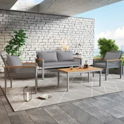 Merax 4-tlg. Garten-Lounge-Set Mit Stahlrahmen Und Couchtisch, Rope Gartenmöbel Set Aus Akazienholz Und Polyrattan, Gartenmöbel-Sets Für 4 Personen, Grau