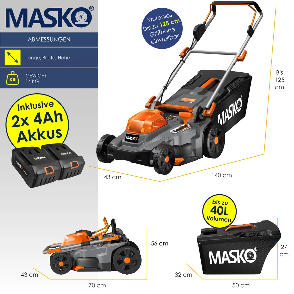 MASKO® Akku Rasenmäher ECO-X10 Inkl. Akkus Li-Ion Batterie 4 Ah & Doppel-Ladegerät – Rasentrimmer Schnittbreite, 25-75mm Schnitthöhenverstellung , Farbe:Schwarz / Orange, Größe:Schnittbreite 37cm 6 MASKO® Akku Rasenmäher ECO-X10 Inkl. Akkus Li-Ion Batterie 4 Ah & Doppel-Ladegerät – Rasentrimmer Schnittbreite, 25-75mm Schnitthöhenverstellung , Farbe:Schwarz / Orange, Größe:Schnittbreite 37cm – Bild 6
