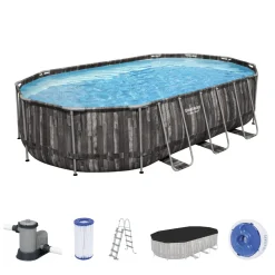 Bestway® Power Steel™ Frame Pool Komplett-Set Mit Filterpumpe 610 X 366 X 122 Cm , Holz-Optik (Mooreiche), Oval