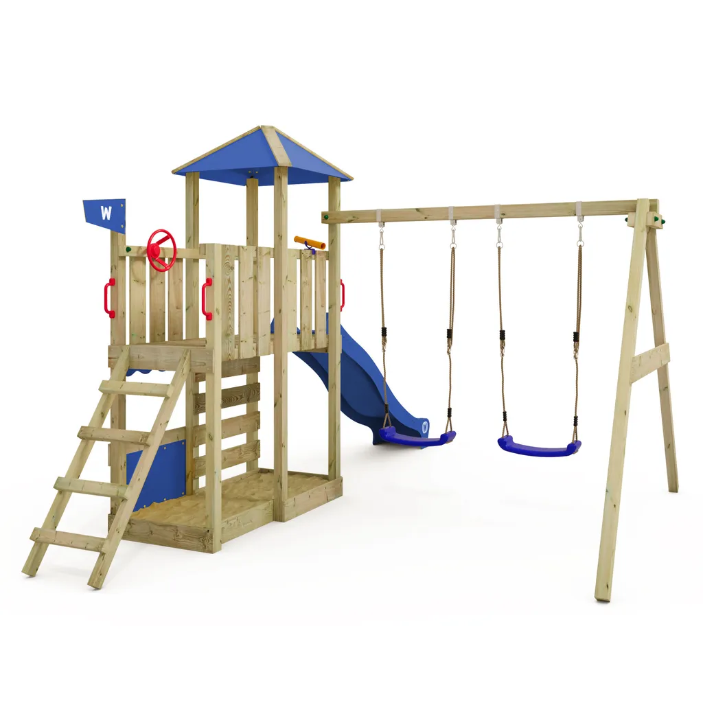 WICKEY Spielturm Klettergerüst Smart Savana Mit Schaukel & Rutsche, Spielhaus Mit Kletterleiter & Spiel-Zubehör - Blau 2 WICKEY Spielturm Klettergerüst Smart Savana Mit Schaukel & Rutsche, Spielhaus Mit Kletterleiter & Spiel-Zubehör - Blau – Bild 2
