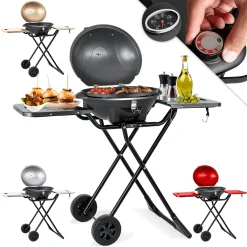 KESSER® Elektrischer Elektrogrill 2in1 Tischgrill - Standgrill Mit Deckel Und Standfuß | Max. 2400 Watt | Faltbar | Thermometer | Antihaftbeschichtung | Grillplatte Abstelltische | 2 Räder | , Farbe:Schwarz