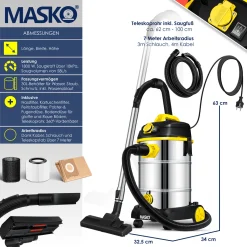 Masko® Industriestaubsauger Staubsauger Nass Trocken Sauger Edelstahl Max. 1800W, Farbe:Gelb -Garten- & Gewächshäuser Geschäft 7e9fe47bff1b9fe87cf2be8aa908b12a