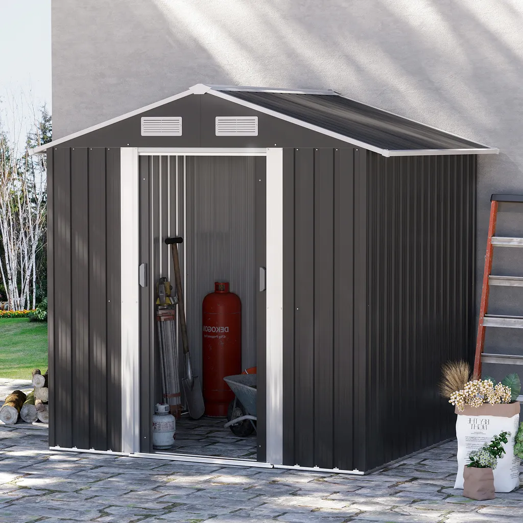 Outsunny Gerätehaus Mit 2 Schiebetüren Metall Gartenhaus 2,6 M² Geräteschuppen Verzinkter Stahl Dunkelgrau 195,5 X 153 X 188 Cm 2 Outsunny Gerätehaus Mit 2 Schiebetüren Metall Gartenhaus 2,6 M² Geräteschuppen Verzinkter Stahl Dunkelgrau 195,5 X 153 X 188 Cm – Bild 2