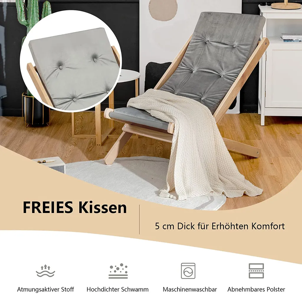 COSTWAY Gartenliege Aus Holz, Liegestuhl Mit Kissen, Relaxliege Klappbar, Strandstuhl Grau 2 COSTWAY Gartenliege Aus Holz, Liegestuhl Mit Kissen, Relaxliege Klappbar, Strandstuhl Grau – Bild 2