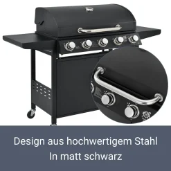 Juskys BBQ Gasgrill Dakota – Grillwagen Mit 5 Brenner 18 KW - Barbecue Grill Inkl. Deckel, Warmhalterost, Seitenablagen, Thermometer & Abdeckplane -Garten- & Gewächshäuser Geschäft 80409d976873fcd1ca219e93736ce93f