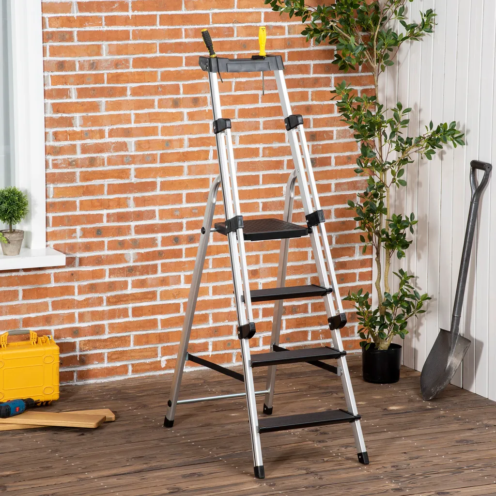 DURHAND Klapptritt Stehleiter Mit 4 Stufen Rutschfest Rostfrei Leiter Gerüstbock Mit Werkzeugablage Handlauf Bis 150 Kg Belastbar Inkl. Anti-Rutsch-Füße Alu 45,5 X 82 X 145 Cm 2 DURHAND Klapptritt Stehleiter Mit 4 Stufen Rutschfest Rostfrei Leiter Gerüstbock Mit Werkzeugablage Handlauf Bis 150 Kg Belastbar Inkl. Anti-Rutsch-Füße Alu 45,5 X 82 X 145 Cm – Bild 2