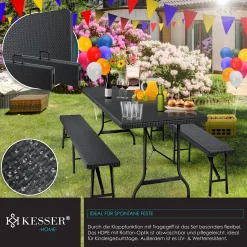 KESSER® Bierzeltgarnitur - 3-teilig Set, Tisch + 2 X Bank, Für Drinnen - Draußen, Klappbar, Tragegriffe, HxBxT: 73x180x75 Cm , Kunststoff, Rattan-Look Gartengarnitur , Klapptisch , Gartentisch, Farbe:Schwarz -Garten- & Gewächshäuser Geschäft 82afd293e4f82f542c0fcf8a50f56a80