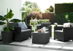 Keter Lounge Set Emma 8-teilig - Graphit , 2 Sessel + 2er Sofa + 1 Tisch Mit Aufbewahrungsbox-Funktion + 4 Sitzauflagen -Garten- & Gewächshäuser Geschäft 82dcb980d7168bddca4d0cf25cffec44