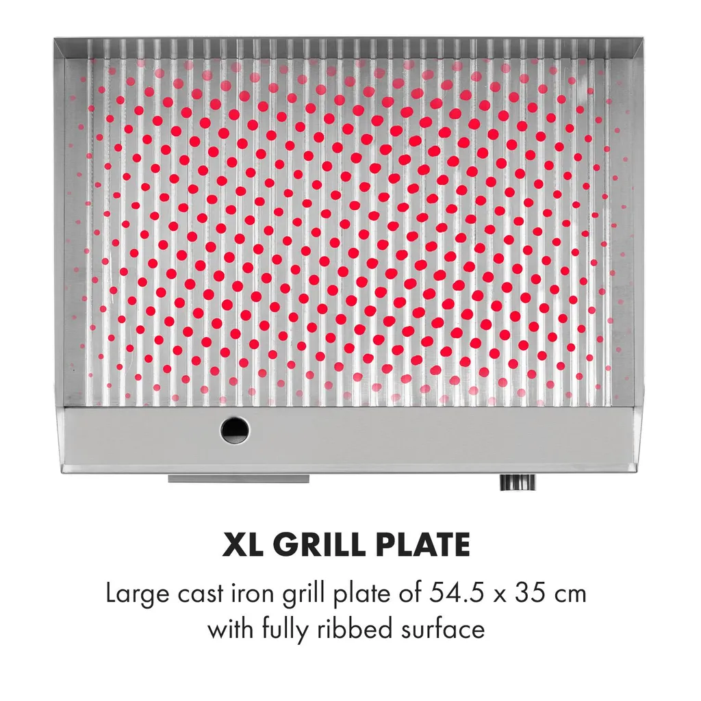 Klarstein Grillmeile 3000R Pro Gusseisen Grillplatte Elektrisch, Grillfläche: 54,5 X 35 Cm (geriffelt), Stufenlos 50-300 °C, 3000 Watt, Profi Elektrogrill Mit Spritzschutz, Edelstahl 4 Klarstein Grillmeile 3000R Pro Gusseisen Grillplatte Elektrisch, Grillfläche: 54,5 X 35 Cm (geriffelt), Stufenlos 50-300 °C, 3000 Watt, Profi Elektrogrill Mit Spritzschutz, Edelstahl – Bild 4