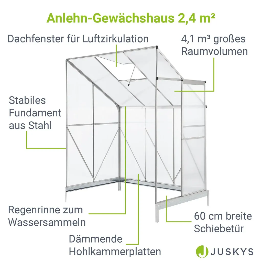 Juskys Aluminium Anlehn-Gewächshaus 2,4 M² – Treibhaus Mit Schiebetür, Fenster Zum Lüften & Stahl-Fundament – Stabiles Pflanzenhaus Für Garten 3 Juskys Aluminium Anlehn-Gewächshaus 2,4 M² – Treibhaus Mit Schiebetür, Fenster Zum Lüften & Stahl-Fundament – Stabiles Pflanzenhaus Für Garten – Bild 3