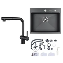 Auralum Edelstahl Küchenspüle Einbauspüle 55 × 45 CM + Schwarz Hochdruck Ausziehbar Küchenarmatur