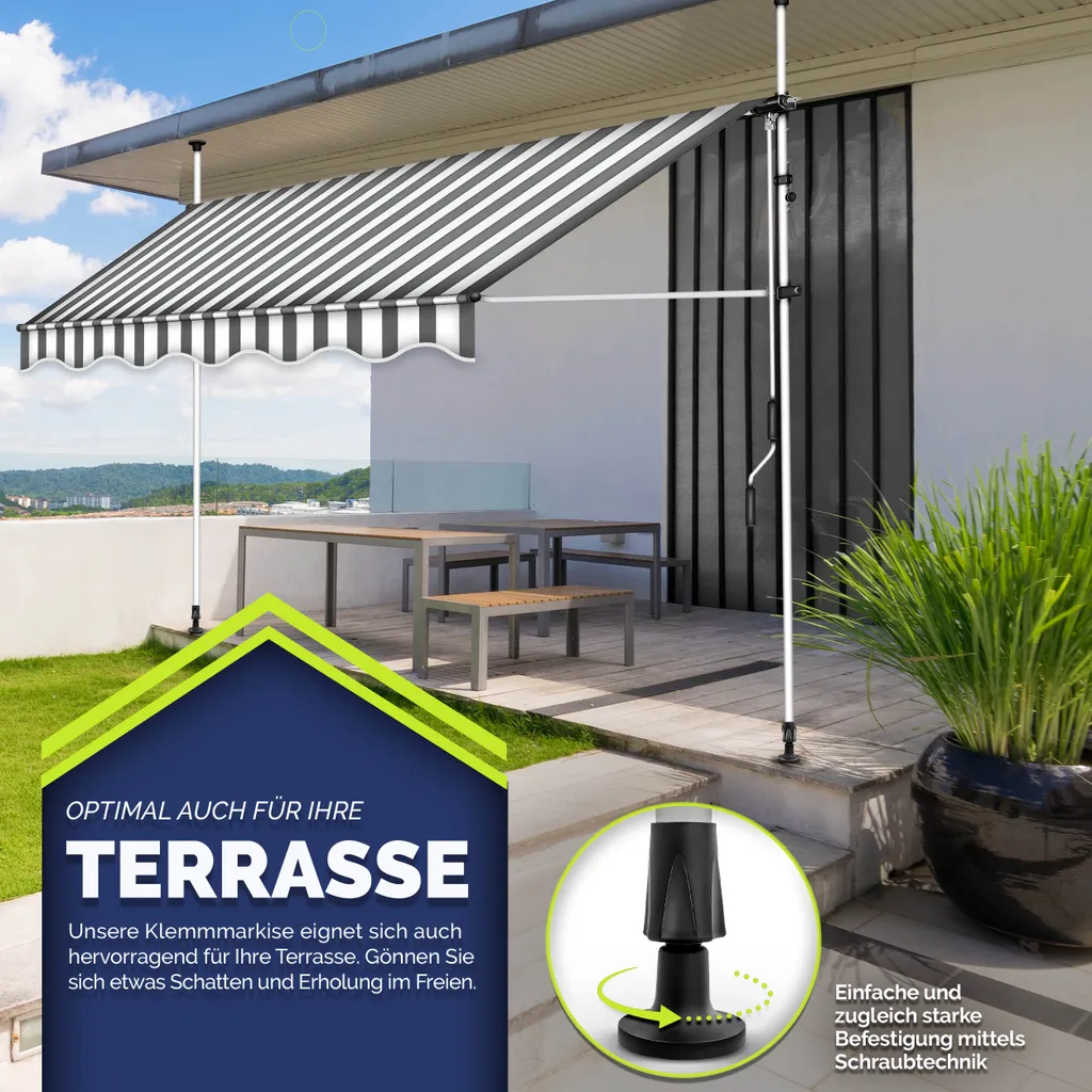 Tillvex Balkonmarkise 400 Cm Grau/Weiß Gelenkarm Markise Klemmmarkise Sonnenmarkise Balkon Ohne Bohren 4 Tillvex Balkonmarkise 400 Cm Grau/Weiß Gelenkarm Markise Klemmmarkise Sonnenmarkise Balkon Ohne Bohren – Bild 4