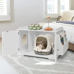 COSTWAY Katzenschrank Für Katzentoilette, Katzenhaus Mit Seitenregal, Eingang & Abnehmbarer Trennwand, Katzenklo Schrank Katzenkommode, Katzenhöhle Haustierbox Beistelltisch, Weiß