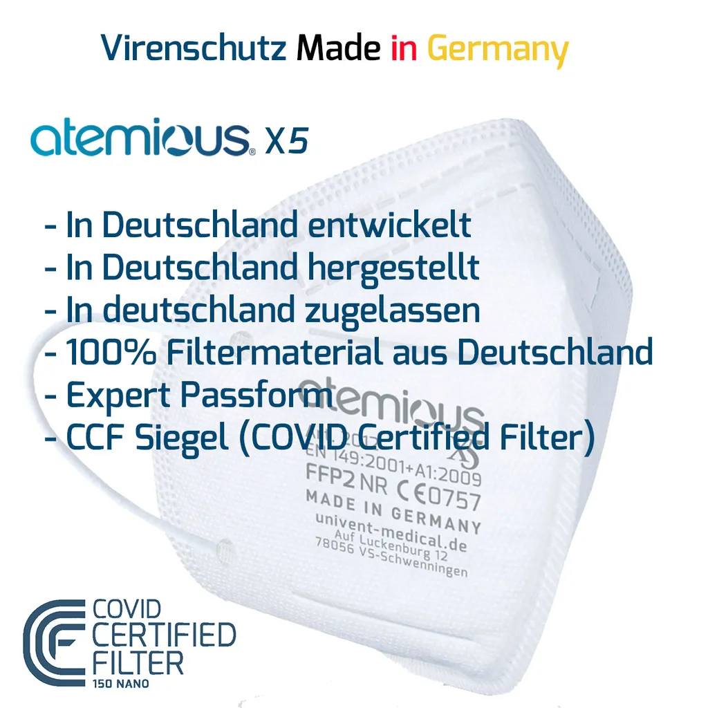 Univent Medical GmbH Atemious X5 Komfort Vlies FFP2 Atemschutzmaske Germany Mit Deutschem Zertifikat CE0757, Menge:10 Stck, Verpackung:einzeln Verpackt 11 Univent Medical GmbH Atemious X5 Komfort Vlies FFP2 Atemschutzmaske Germany Mit Deutschem Zertifikat CE0757, Menge:10 Stck, Verpackung:einzeln Verpackt – Bild 11