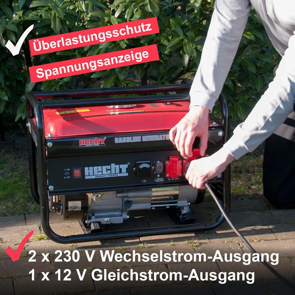 Stromerzeuger 4-Takt Benzin Stromgenerator 2200W Dauerleistung Strom Aggregat Hecht Notstromaggregat 15l Tank 2x230V 1x12V Anschluss 3 Stromerzeuger 4-Takt Benzin Stromgenerator 2200W Dauerleistung Strom Aggregat Hecht Notstromaggregat 15l Tank 2x230V 1x12V Anschluss – Bild 3