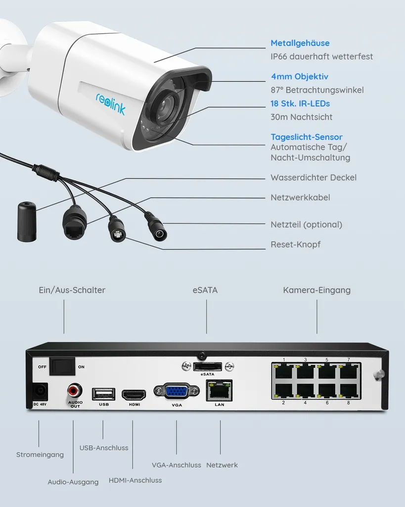 Reolink 4K Überwachungskamera Aussen Set, Videoüberwachung Mit 4X 8MP PoE IP Kamera, 8 Kanale Und 2TB HDD NVR Für 24/7 Aufnahme Innen Outdoor, Personenerkennung Und Fahrzeugerkennung, IP66, RLK8-800B4-A 20 Reolink 4K Überwachungskamera Aussen Set, Videoüberwachung Mit 4X 8MP PoE IP Kamera, 8 Kanale Und 2TB HDD NVR Für 24/7 Aufnahme Innen Outdoor, Personenerkennung Und Fahrzeugerkennung, IP66, RLK8-800B4-A – Bild 20