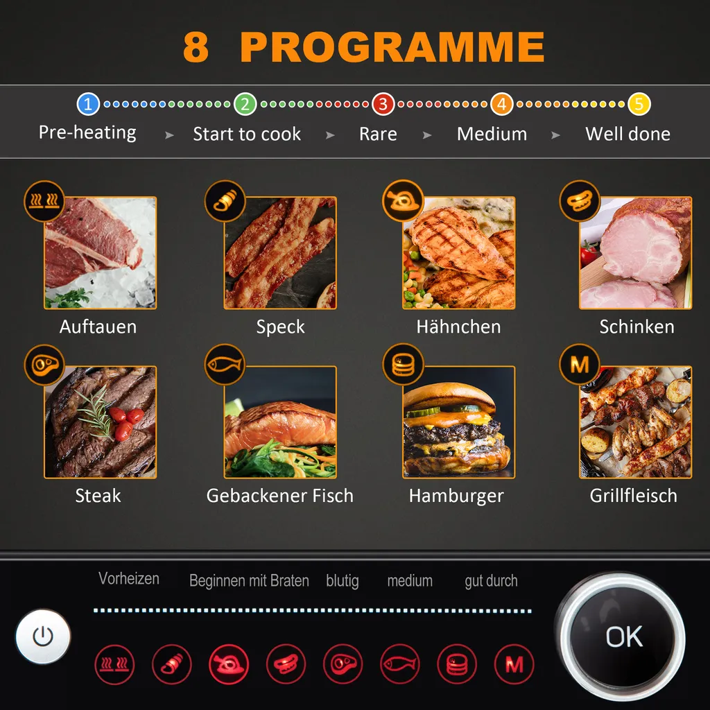 HOMCOM Kontaktgrill 95° Aufklappbar Optigrill Intelligente Zeitkontrolle Multi-Funktionen 2100 W Tischgrill 8 Modi 220-240V/50Hz Alu+Stahl Silber+Schwarz 38 X 33 X 20 Cm 5 HOMCOM Kontaktgrill 95° Aufklappbar Optigrill Intelligente Zeitkontrolle Multi-Funktionen 2100 W Tischgrill 8 Modi 220-240V/50Hz Alu+Stahl Silber+Schwarz 38 X 33 X 20 Cm – Bild 5