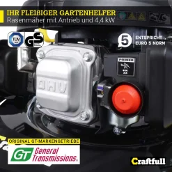 Craftfull Benzinrasenmäher CR-196-10E, 53 Cm Schnittbreite, Benzin Rasenmäher Mit Radantrieb Inkl. Elektrostarter & Rasenkamm, 196 Cc, 4,4 KW / 6PS, Euro 5 Norm, 5in1, Marken Motor, GT-Markengetriebe, 8 Stufen Höhenverstellbar, 62 Liter Fangsack, Easy-Clean-Funktion -Garten- & Gewächshäuser Geschäft 8b47e5449ab65f30d660d0ef3ce0de1c
