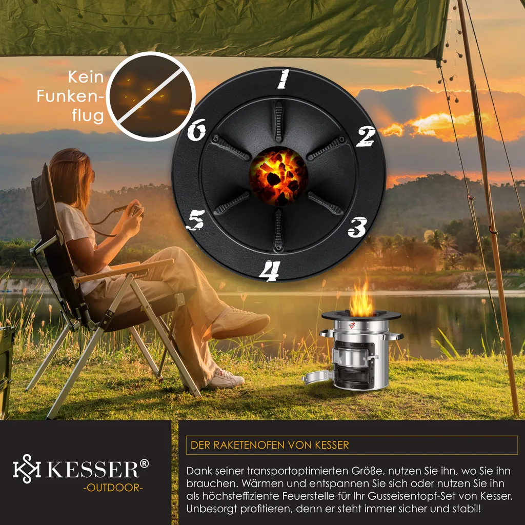 KESSER® Raketenofen Inkl. Grillpfanne Aus Gusseisen Mit Tragetasche Dutch Oven BBQ Rakete Holzofen Camping Campingkocher Campinggrill, Edelstahl, Farbe:Silber 4 KESSER® Raketenofen Inkl. Grillpfanne Aus Gusseisen Mit Tragetasche Dutch Oven BBQ Rakete Holzofen Camping Campingkocher Campinggrill, Edelstahl, Farbe:Silber – Bild 4