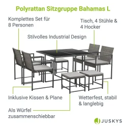 Juskys Polyrattan Sitzgruppe Bahamas L - Tisch, 4 Stühle, 4 Hocker & Kissen - Inkl. Plane - Essgruppe Für 8 Personen - Industrial Gartenmöbel Set Grau -Garten- & Gewächshäuser Geschäft 8c87d7c1bf60cdd270e29ff7abc3c031