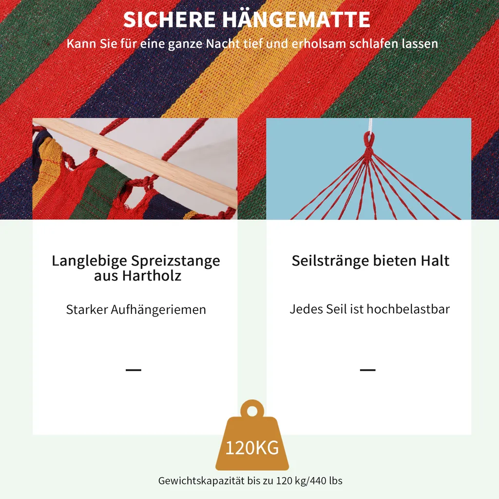 Outsunny Stabhängematte Hängematte Wetterfest UV-beständig 2 X 1 M Bis 120 Kg Baumwoll-Polyester-Mischung Bunt 2 Outsunny Stabhängematte Hängematte Wetterfest UV-beständig 2 X 1 M Bis 120 Kg Baumwoll-Polyester-Mischung Bunt – Bild 2