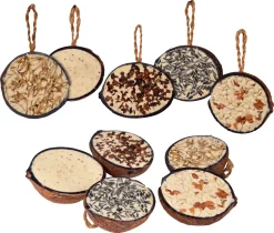 Dobar 10x Gefüllte Kokosnuss Zum Aufhängen, 5 Sorten Vogelfutter Mit Fettfutter-Füllungen Für Wildvögel