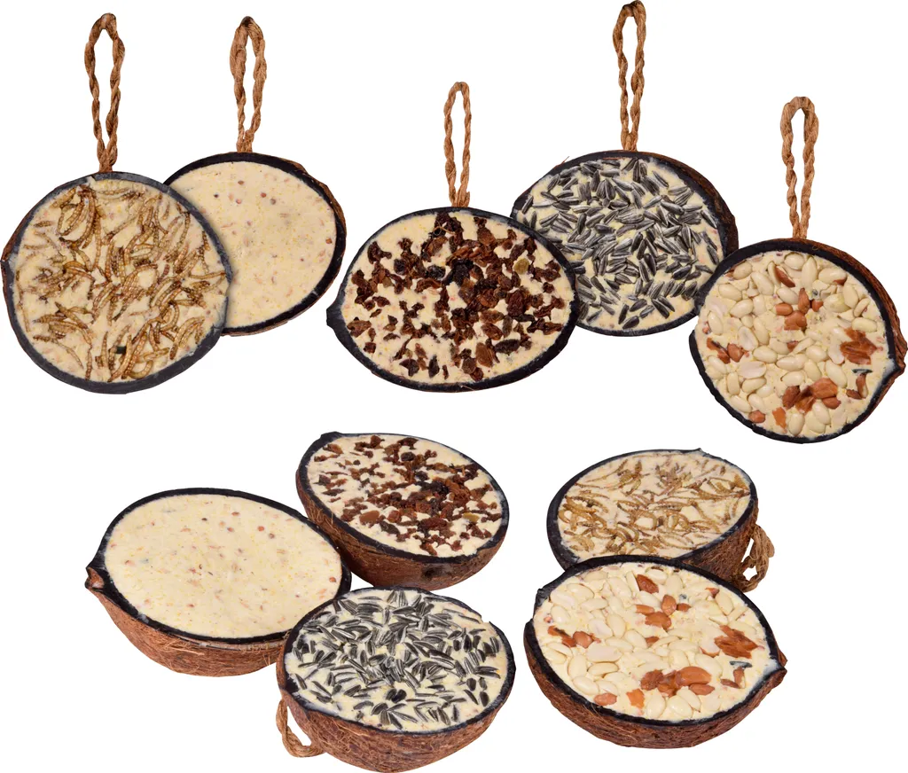 Dobar 10x Gefüllte Kokosnuss Zum Aufhängen, 5 Sorten Vogelfutter Mit Fettfutter-Füllungen Für Wildvögel 1 Dobar 10x Gefüllte Kokosnuss Zum Aufhängen, 5 Sorten Vogelfutter Mit Fettfutter-Füllungen Für Wildvögel