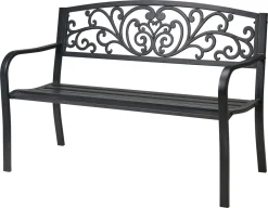 ECD Germany Gartenbank Mit Armlehnen & Rückenlehne Mit Muster, Schwarz, Aus Stahl Und Gusseisen, Wetterfeste Terrassenbank, Metallbank Für Garten Terrasse